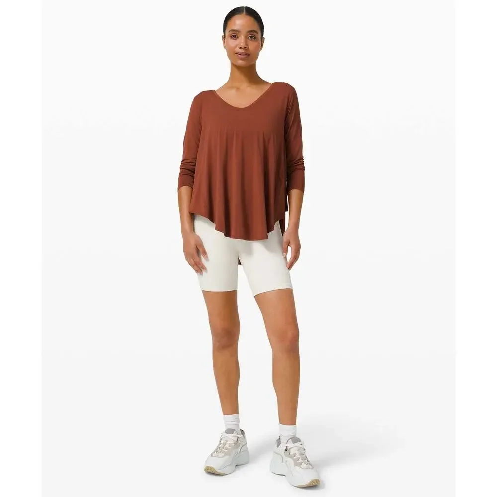 Lululemon Dark Terracotta Orange Red Up for Down Time Long Sleeve V Neck Top 8